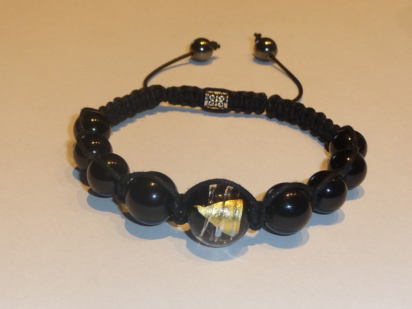 Bracelet shamballa onyx et perle verre feuille or et argent