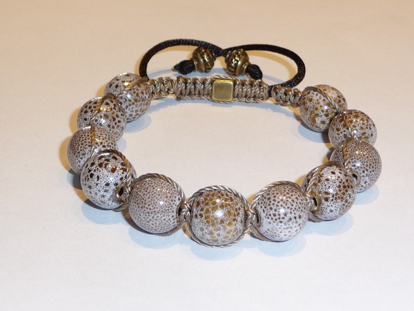 Bracelet shamballa homme perles céramique kaki clair irisé
